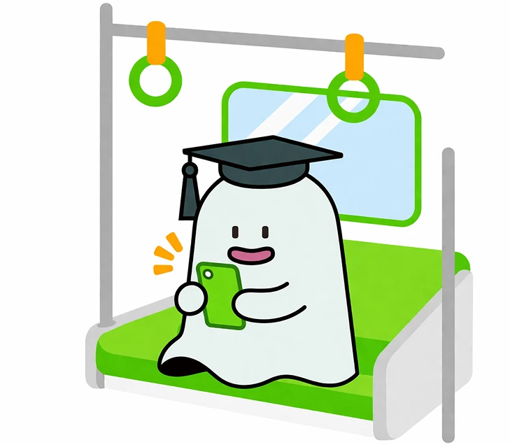 電車の中で学習するおぼエルのイラスト